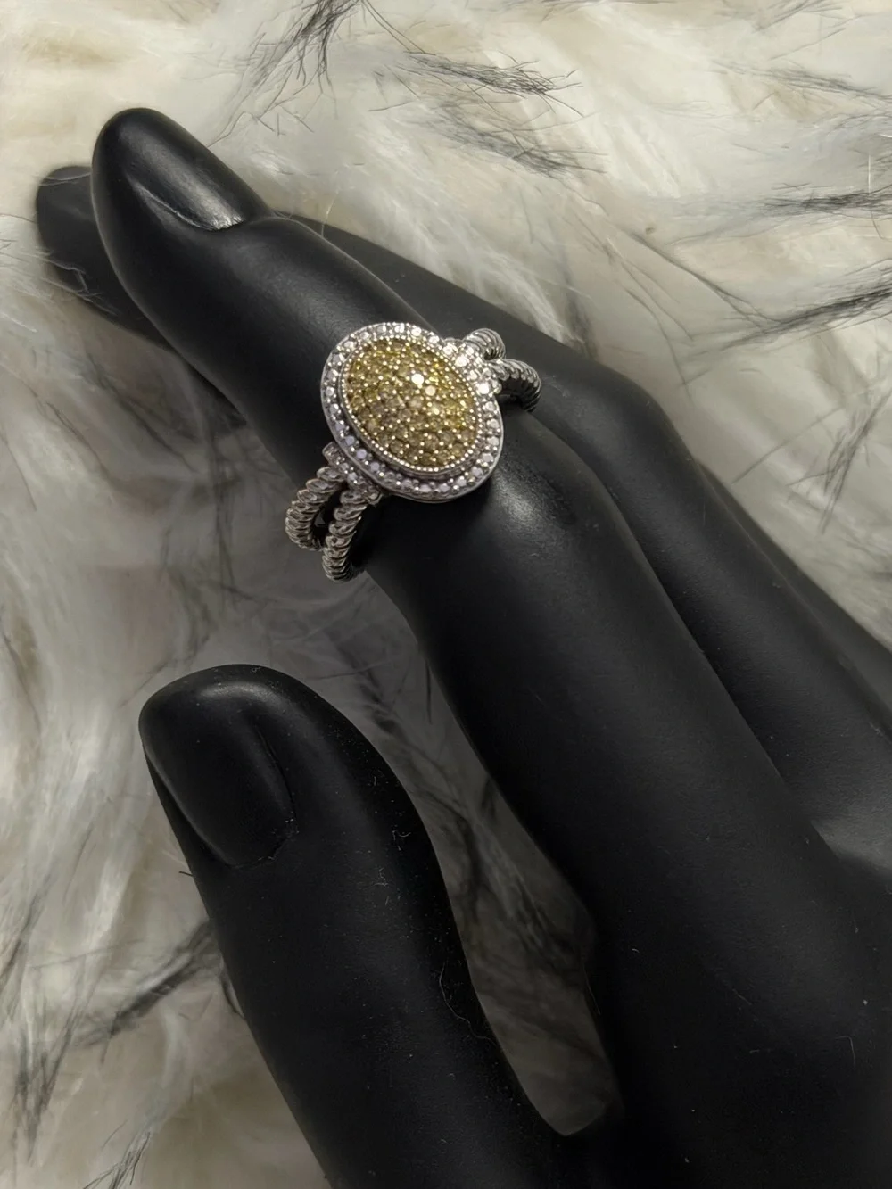 Sterling Silver Yellow & White Diamond Statement Ring Size 7